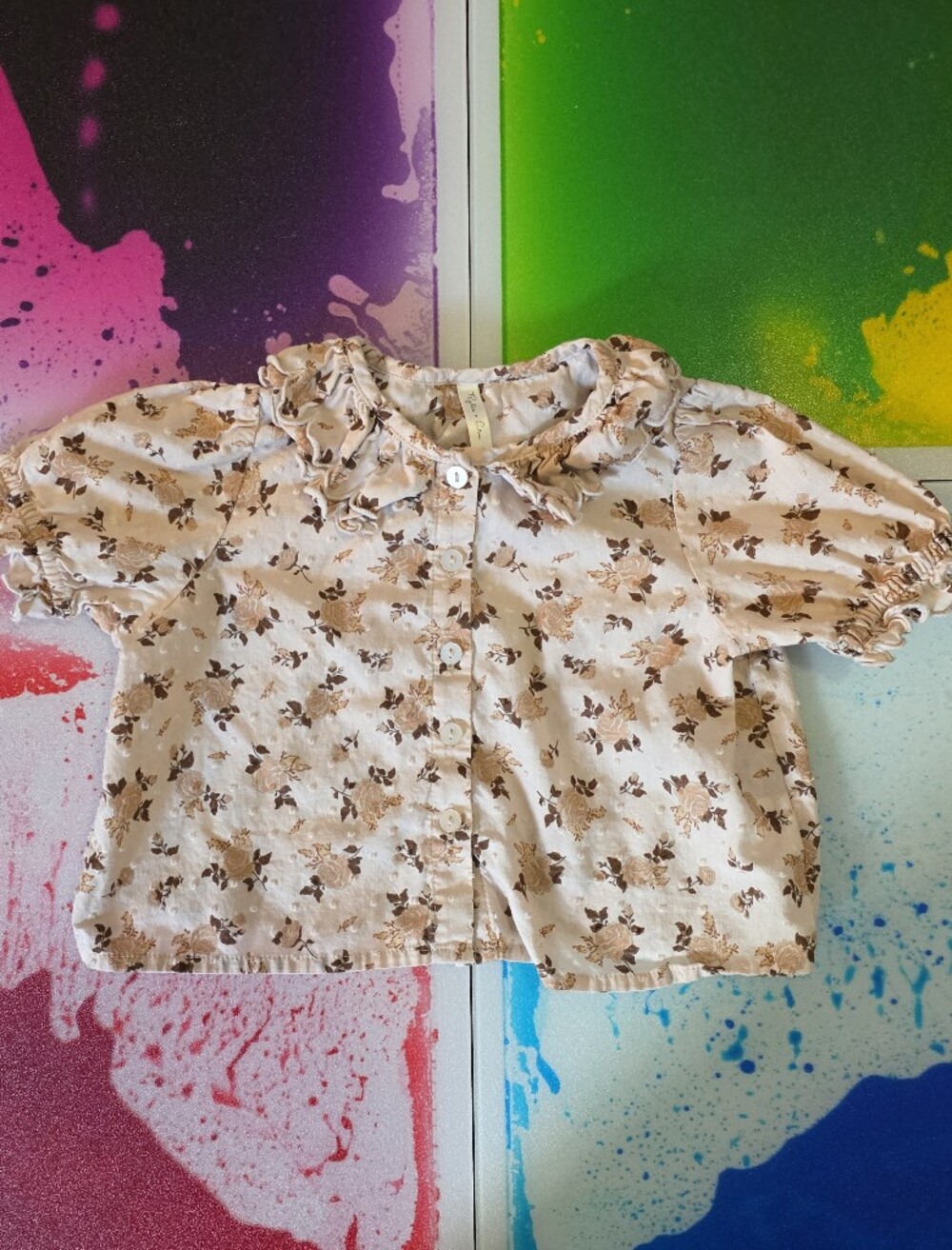 Rylee + Cru 4/5 Floral Ruffled Short Sleeve Button-Up Blouse
